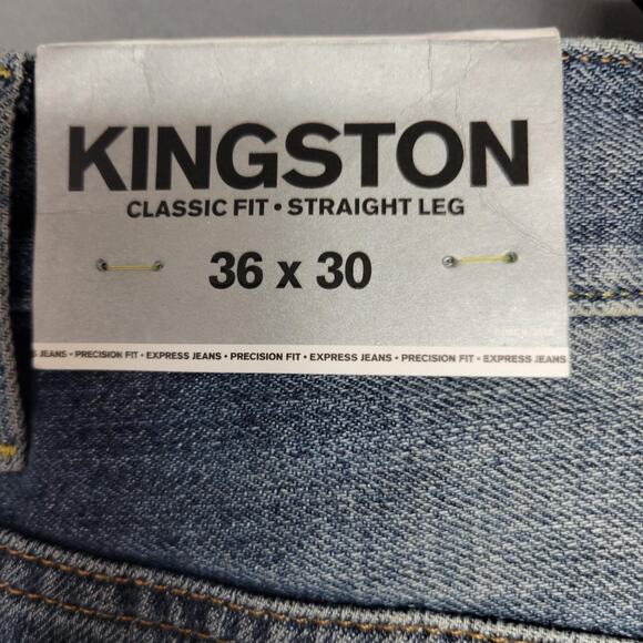 Express Kingston Jeans Mens 36x30 Blue Distressed Straight Leg Classic Fit Denim - Picture 7 of 16